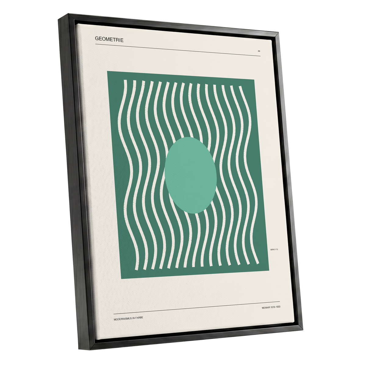 Verdant Wave Geometry, green, beige, white abstract wall art shown as a black framed canvas wall art