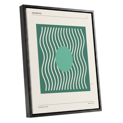 Verdant Wave Geometry, green, beige, white abstract wall art shown as a black framed canvas wall art