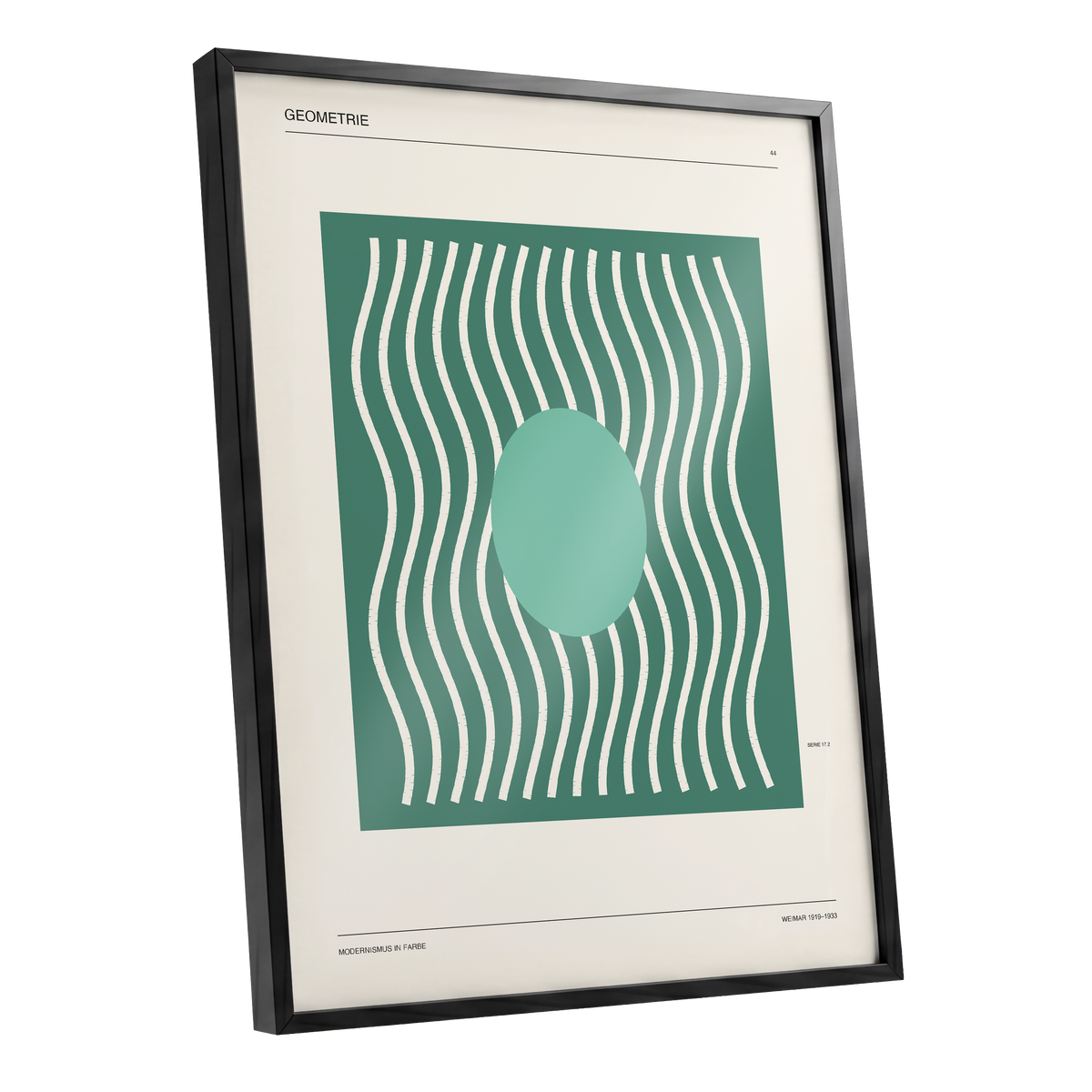 Verdant Wave Geometry, green, beige, white abstract wall art shown as a black framed poster wall art print