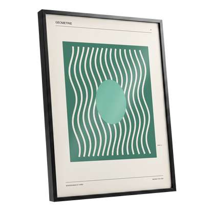 Verdant Wave Geometry, green, beige, white abstract wall art shown as a black framed poster wall art print