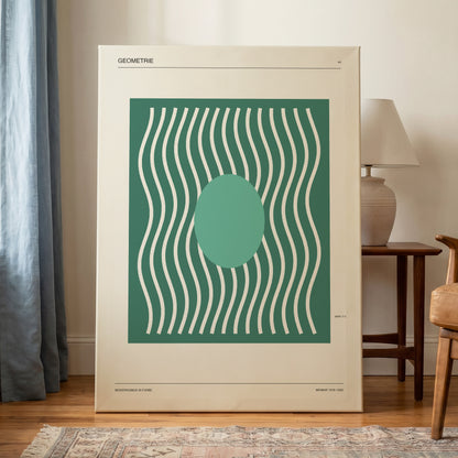 Verdant Wave Geometry, green, beige, white abstract wall art on canvas displayed in a styled interior, gallery view 1