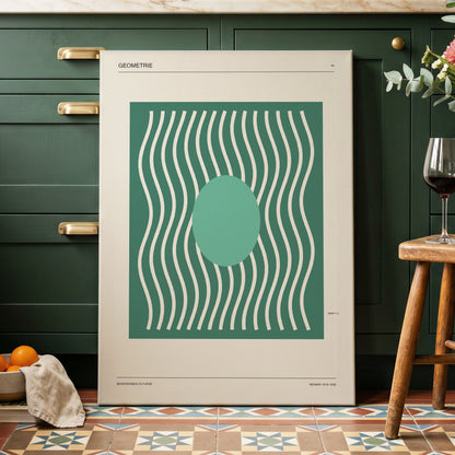 Verdant Wave Geometry, green, beige, white abstract wall art on canvas displayed in a styled interior, gallery view 2