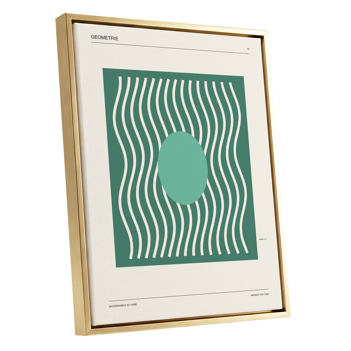 Verdant Wave Geometry, green, beige, white abstract wall art shown as a gold framed canvas wall art