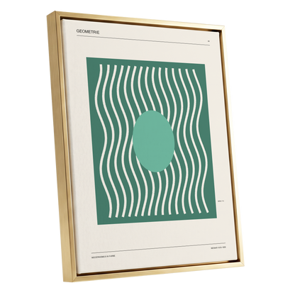 Verdant Wave Geometry, green, beige, white abstract wall art shown as a gold framed canvas wall art