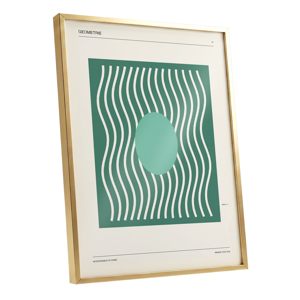 Verdant Wave Geometry, green, beige, white abstract wall art shown as a gold framed poster wall art print