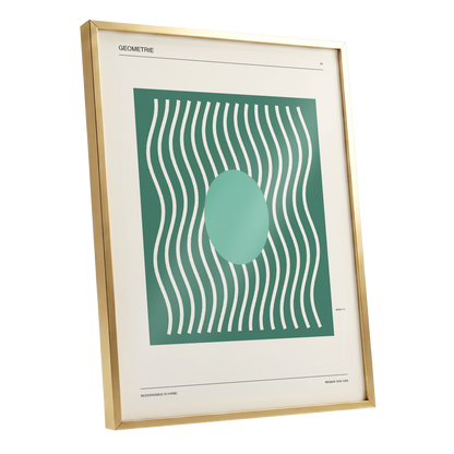 Verdant Wave Geometry, green, beige, white abstract wall art shown as a gold framed poster wall art print