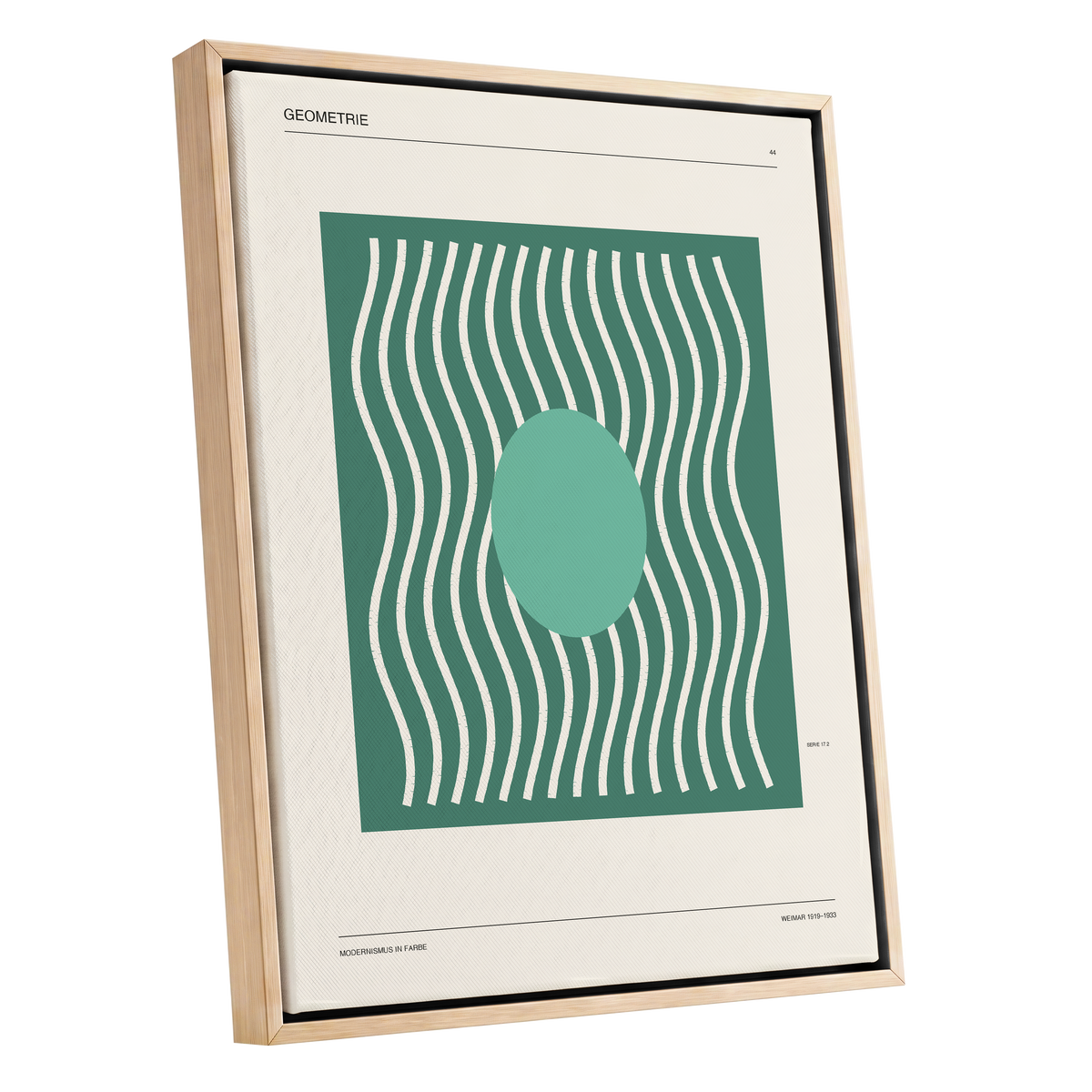 Verdant Wave Geometry, green, beige, white abstract wall art shown as a oak framed canvas wall art