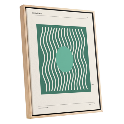 Verdant Wave Geometry, green, beige, white abstract wall art shown as a oak framed canvas wall art