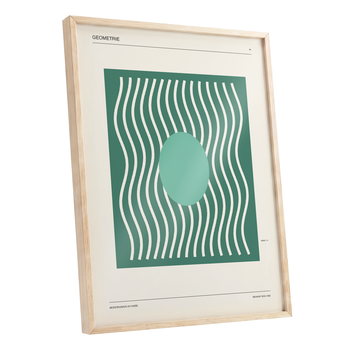 Verdant Wave Geometry, green, beige, white abstract wall art shown as a oak framed poster wall art print