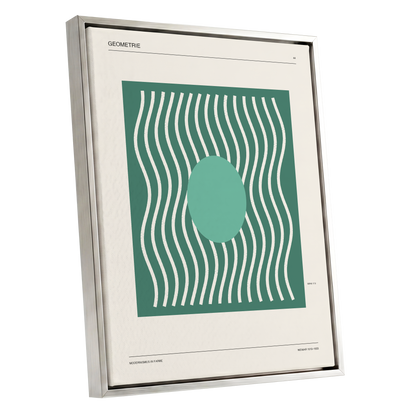 Verdant Wave Geometry, green, beige, white abstract wall art shown as a silver framed canvas wall art