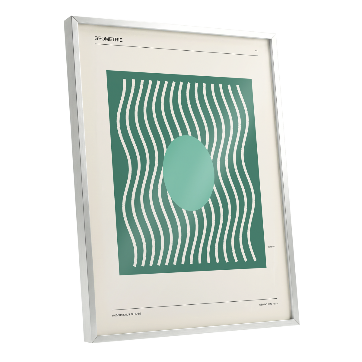 Verdant Wave Geometry, green, beige, white abstract wall art shown as a silver framed poster wall art print