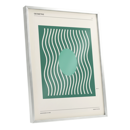 Verdant Wave Geometry, green, beige, white abstract wall art shown as a silver framed poster wall art print