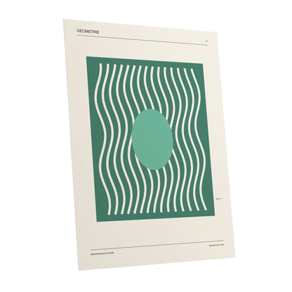 Verdant Wave Geometry, green, beige, white abstract wall art shown as a unframed poster wall art print