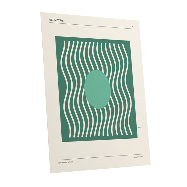Verdant Wave Geometry, green, beige, white abstract wall art shown as a unframed poster wall art print
