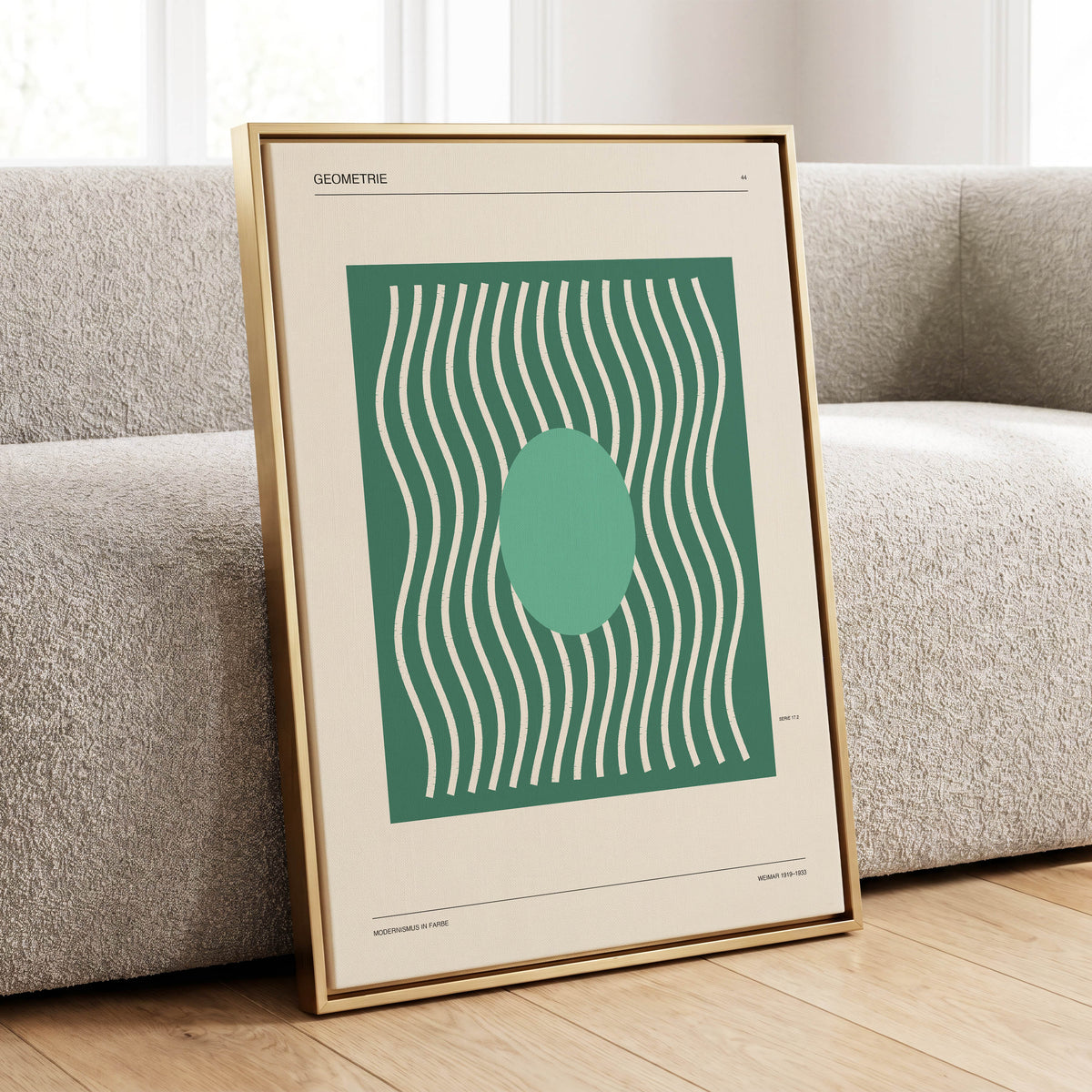Verdant Wave Geometry, green, beige, white abstract wall art displayed in a styled interior, gallery view 1