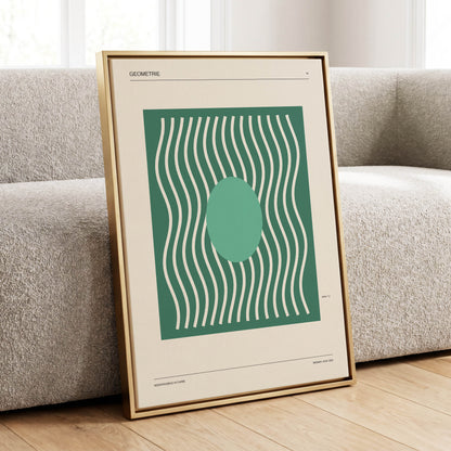 Verdant Wave Geometry, green, beige, white abstract wall art displayed in a styled interior, gallery view 1