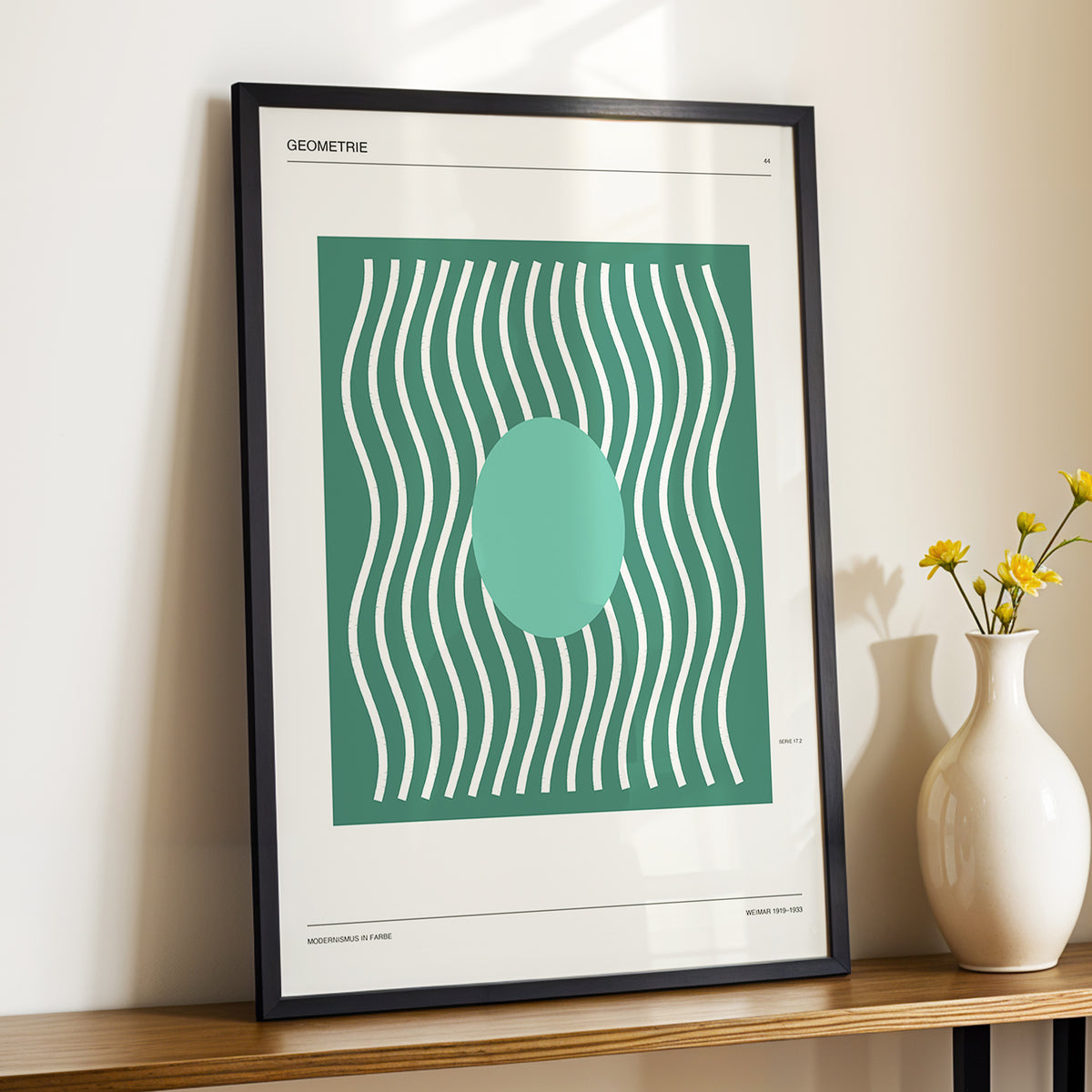 Verdant Wave Geometry, green, beige, white abstract wall art displayed in a styled interior, gallery view 2