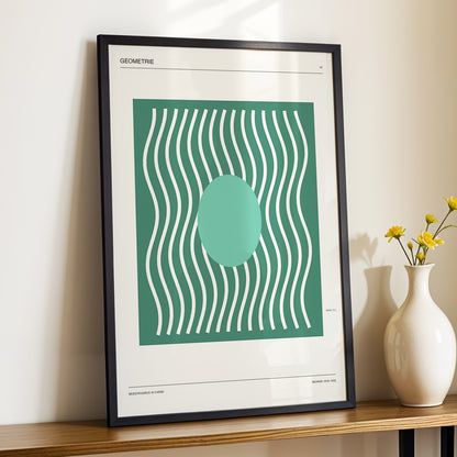 Verdant Wave Geometry, green, beige, white abstract wall art displayed in a styled interior, gallery view 2