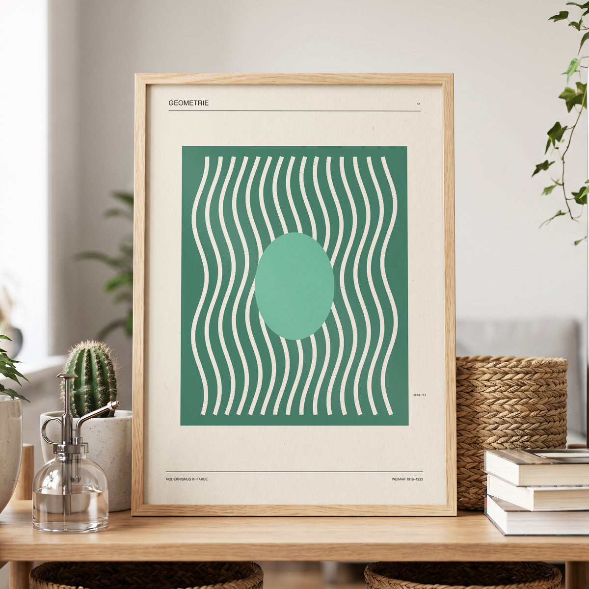 Verdant Wave Geometry, green, beige, white abstract wall art displayed in a styled interior, gallery view 3