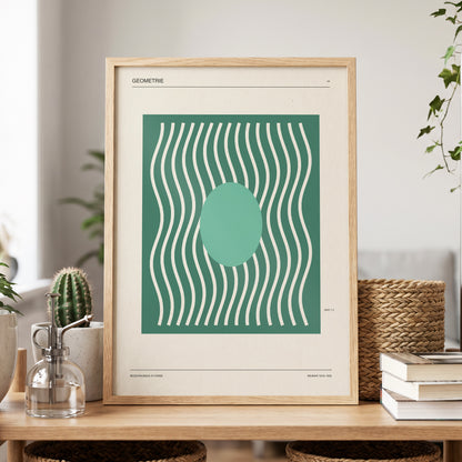 Verdant Wave Geometry, green, beige, white abstract wall art displayed in a styled interior, gallery view 3