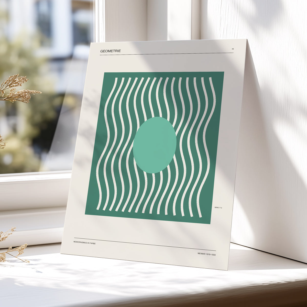 Verdant Wave Geometry, green, beige, white abstract wall art displayed in a styled interior, gallery view 4