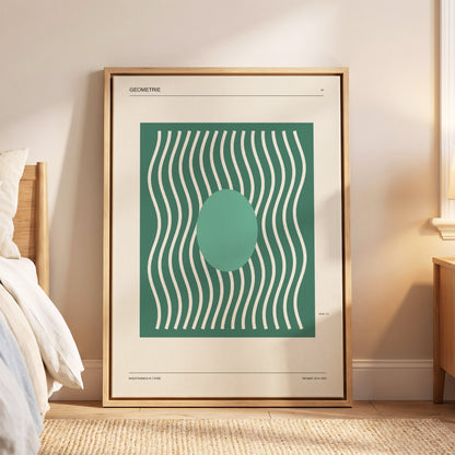 Verdant Wave Geometry, green, beige, white abstract wall art displayed in a styled interior, gallery view 5