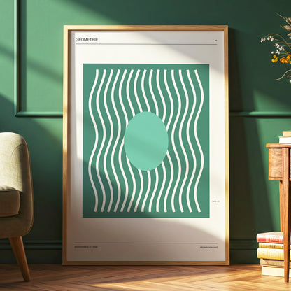 Verdant Wave Geometry, green, beige, white abstract wall art displayed in a styled interior, gallery view 6