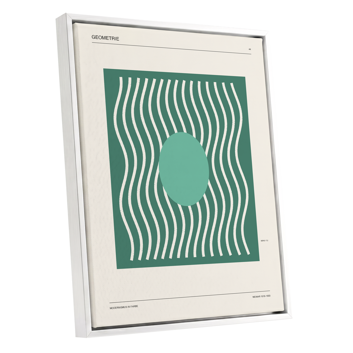 Verdant Wave Geometry, green, beige, white abstract wall art shown as a white framed canvas wall art