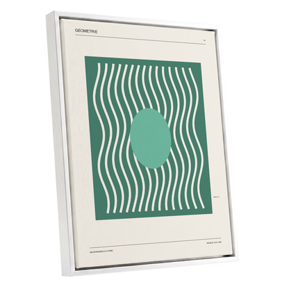 Verdant Wave Geometry, green, beige, white abstract wall art shown as a white framed canvas wall art