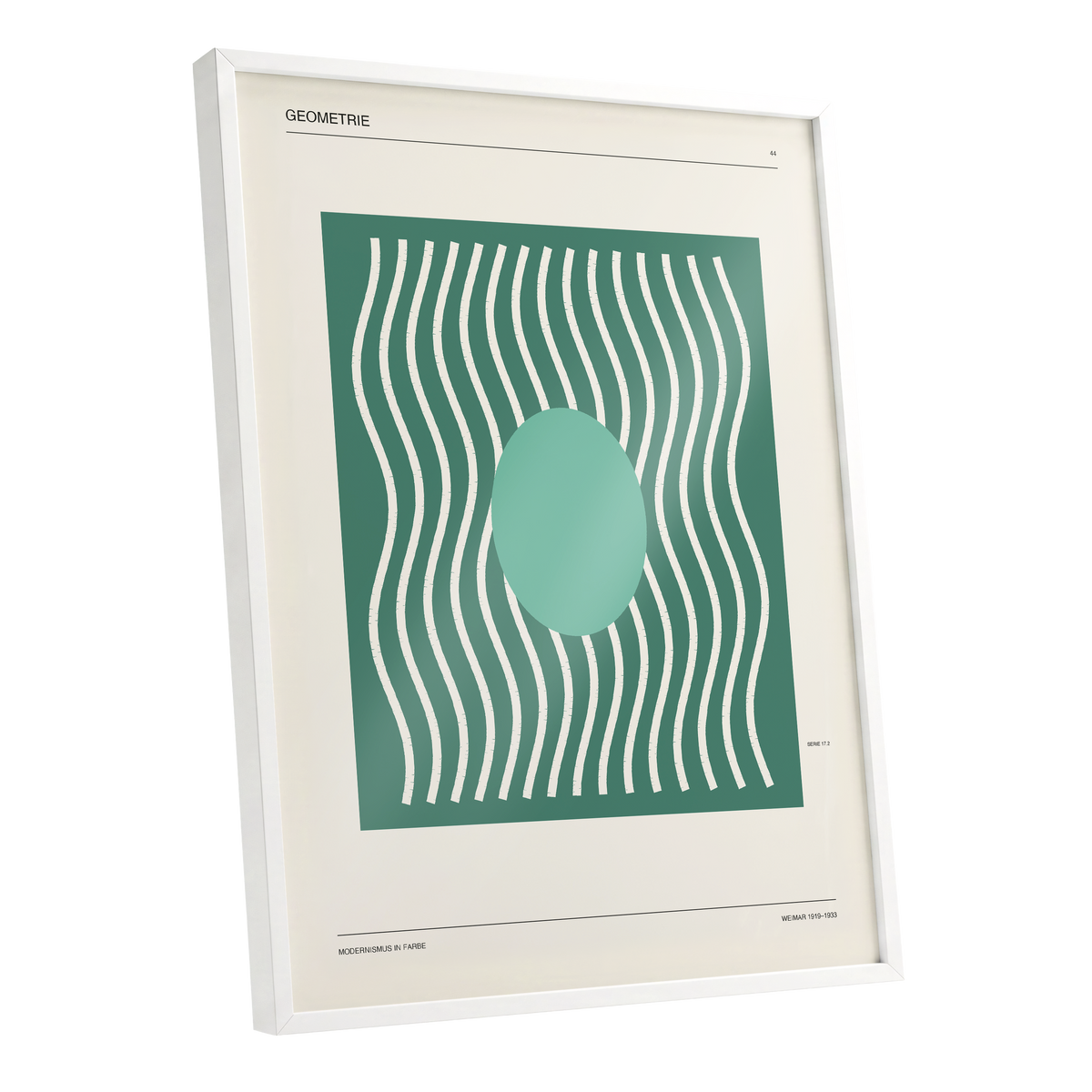 Verdant Wave Geometry, green, beige, white abstract wall art shown as a white framed poster wall art print