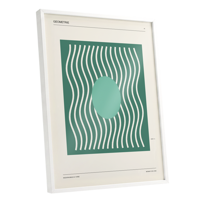 Verdant Wave Geometry, green, beige, white abstract wall art shown as a white framed poster wall art print