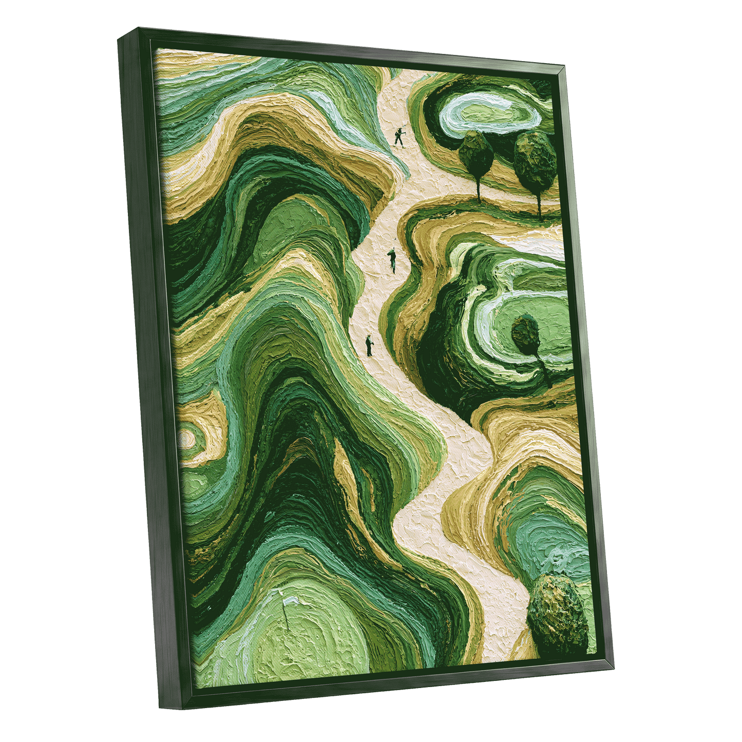 Verdant Winding Paths, green, beige, gold nature wall art shown as a black framed canvas wall art