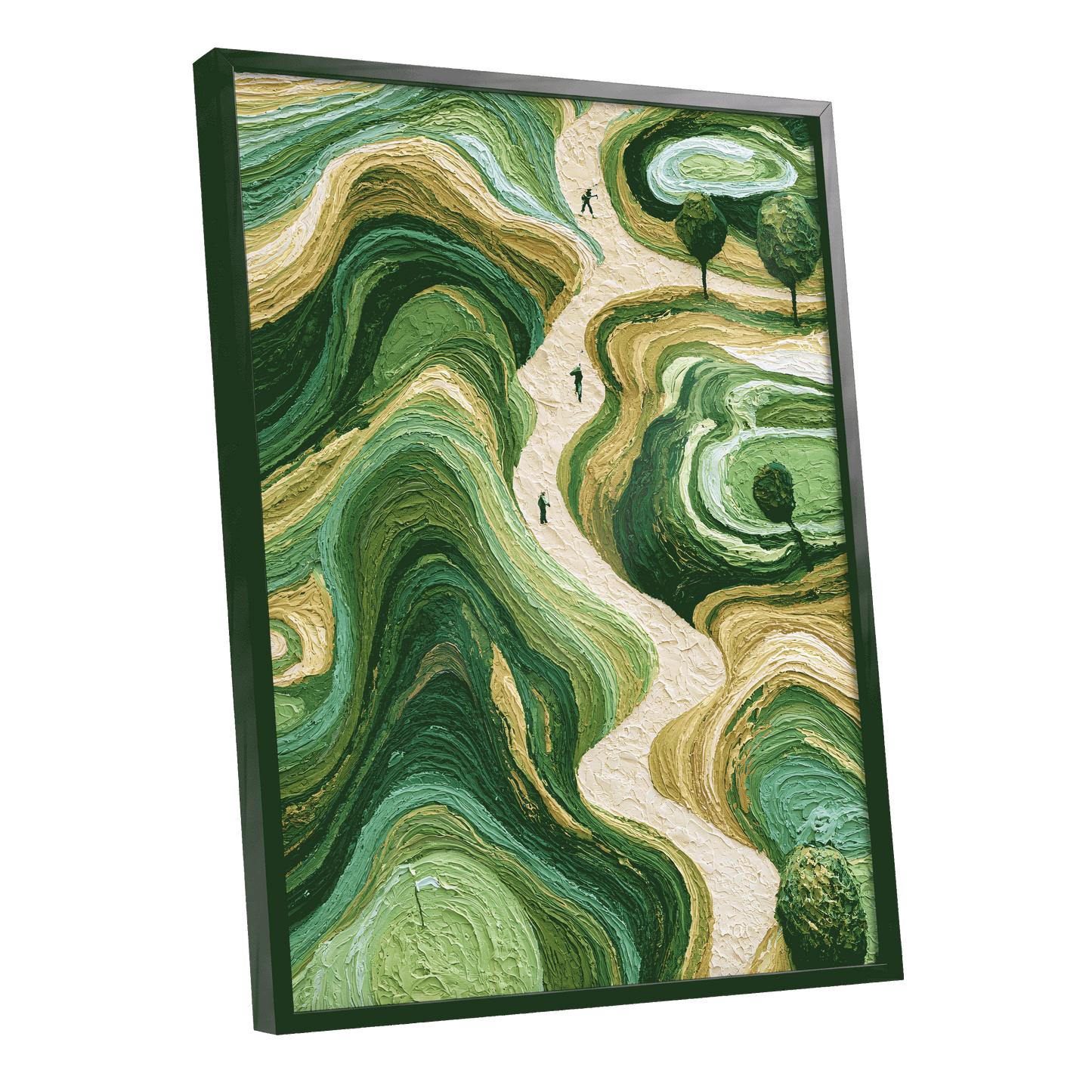 Verdant Winding Paths, green, beige, gold nature wall art shown as a black framed poster wall art print