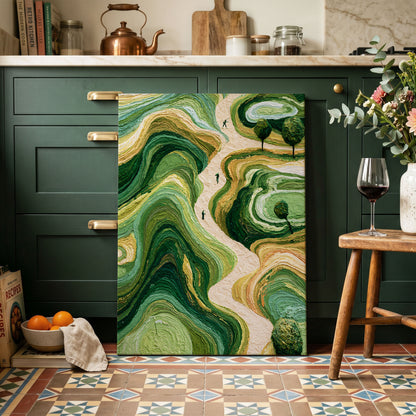 Verdant Winding Paths, green, beige, gold nature wall art on canvas displayed in a styled interior, gallery view 1