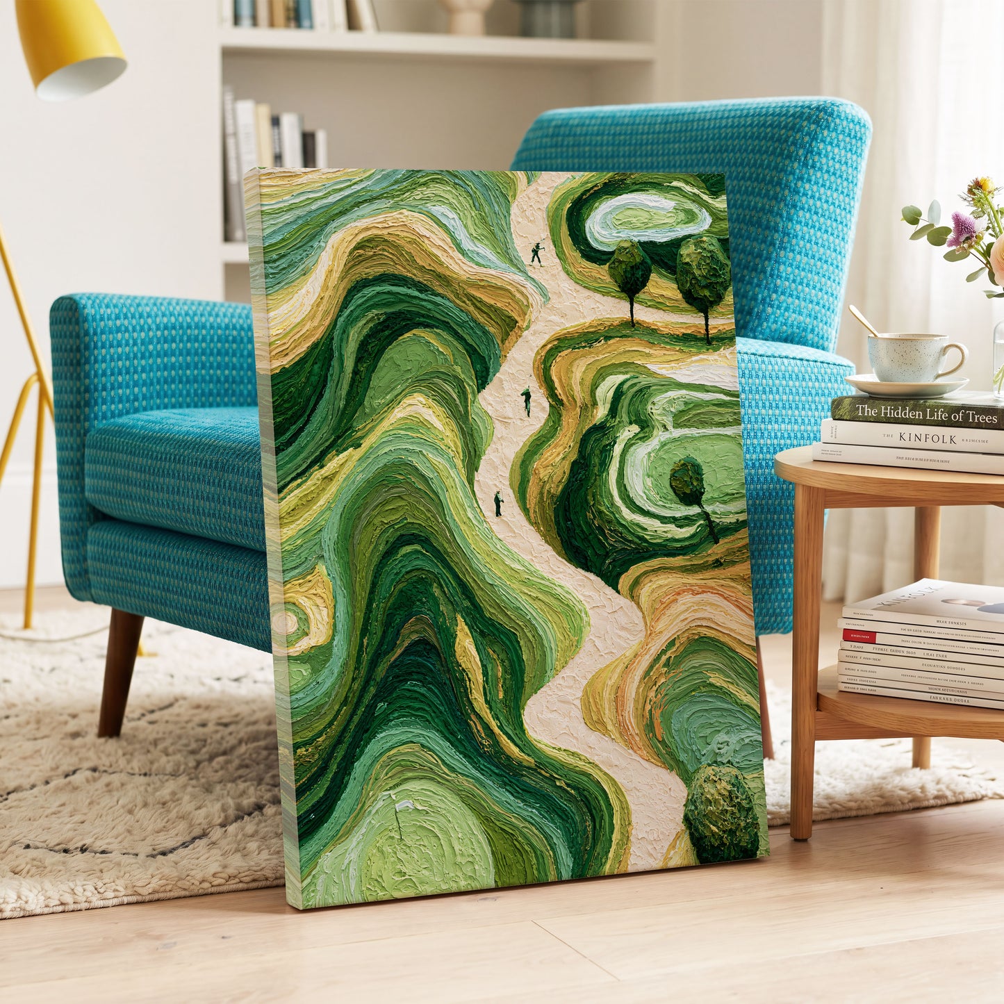 Verdant Winding Paths, green, beige, gold nature wall art on canvas displayed in a styled interior, gallery view 2
