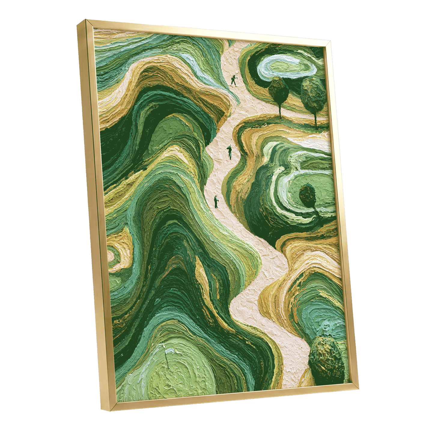 Verdant Winding Paths, green, beige, gold nature wall art shown as a gold framed poster wall art print