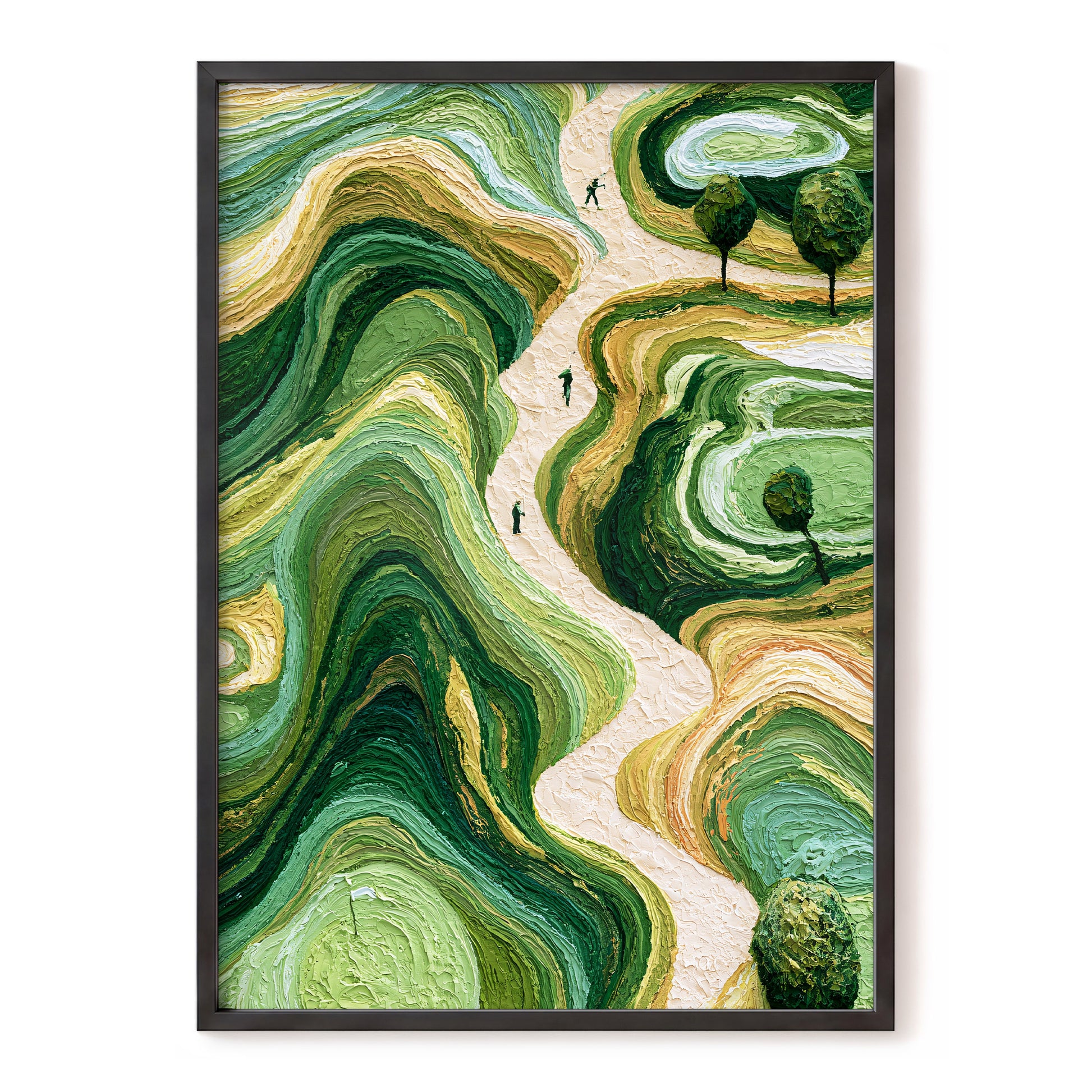 Verdant Winding Paths, green, beige, gold nature wall art, front artwork view