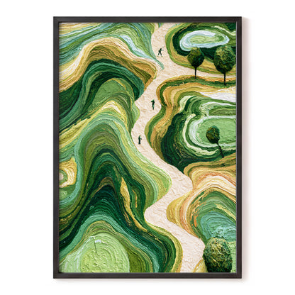 Verdant Winding Paths, green, beige, gold nature wall art, front artwork view