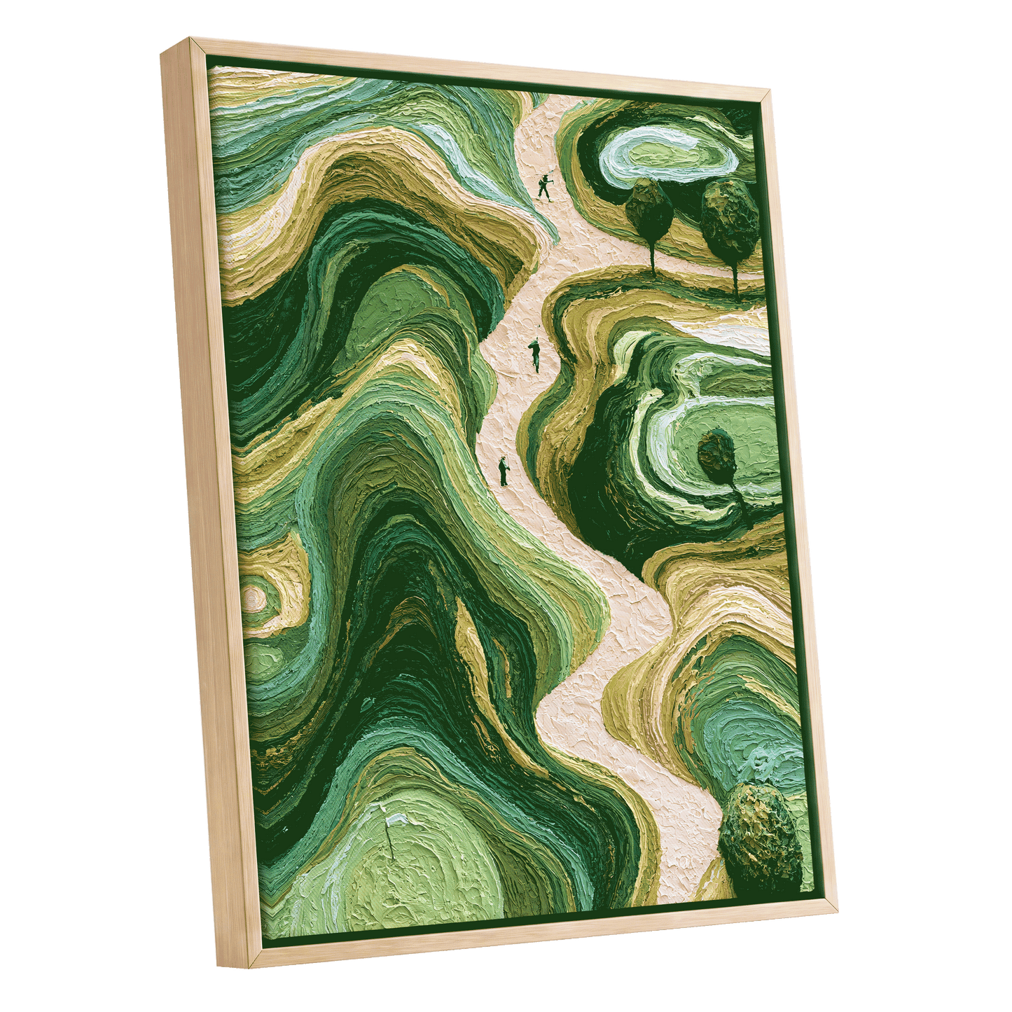 Verdant Winding Paths, green, beige, gold nature wall art shown as a oak framed canvas wall art