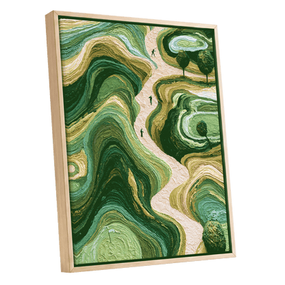 Verdant Winding Paths, green, beige, gold nature wall art shown as a oak framed canvas wall art