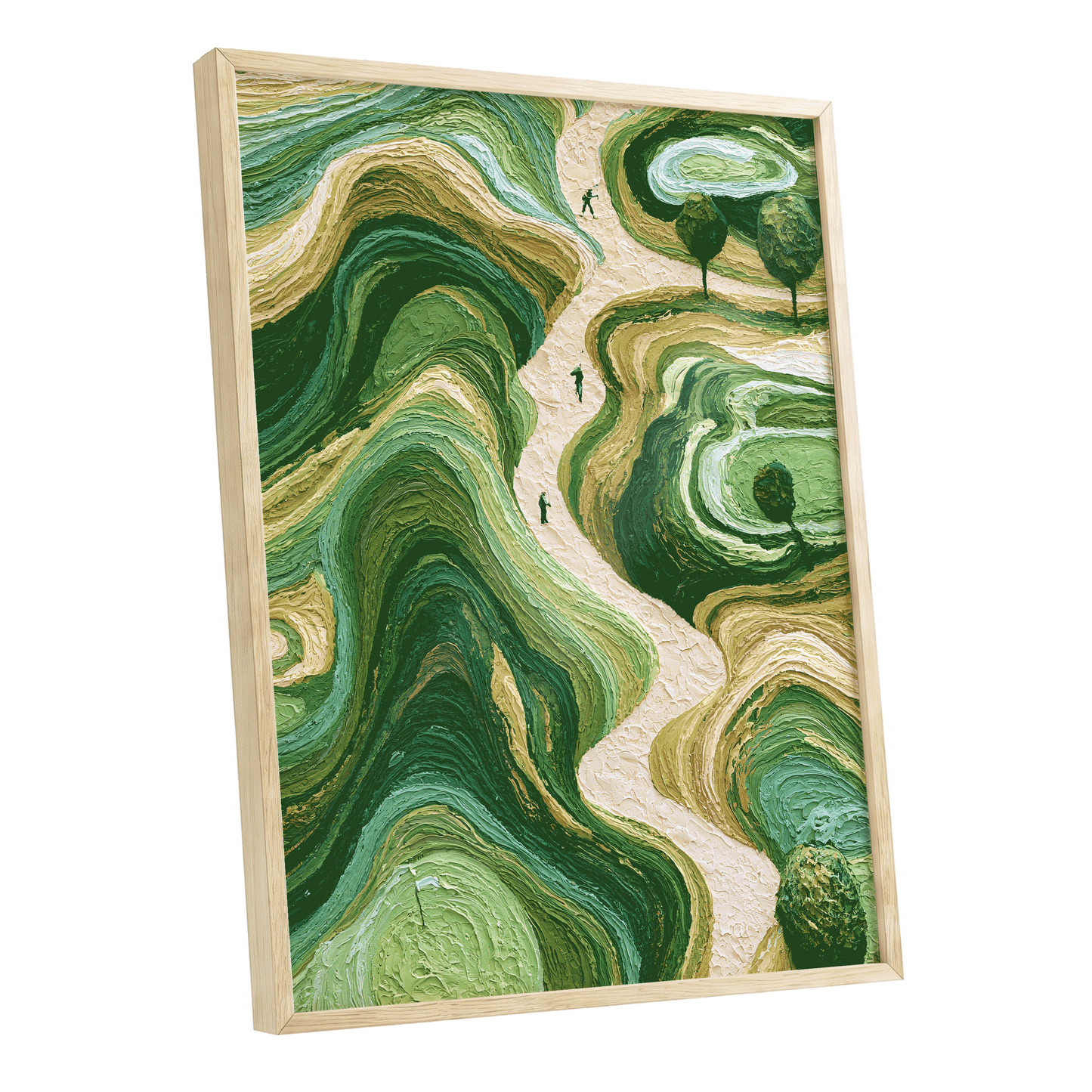 Verdant Winding Paths, green, beige, gold nature wall art shown as a oak framed poster wall art print