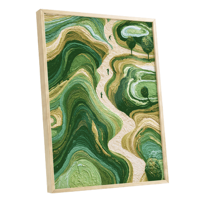 Verdant Winding Paths, green, beige, gold nature wall art shown as a oak framed poster wall art print