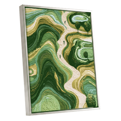 Verdant Winding Paths, green, beige, gold nature wall art shown as a silver framed canvas wall art