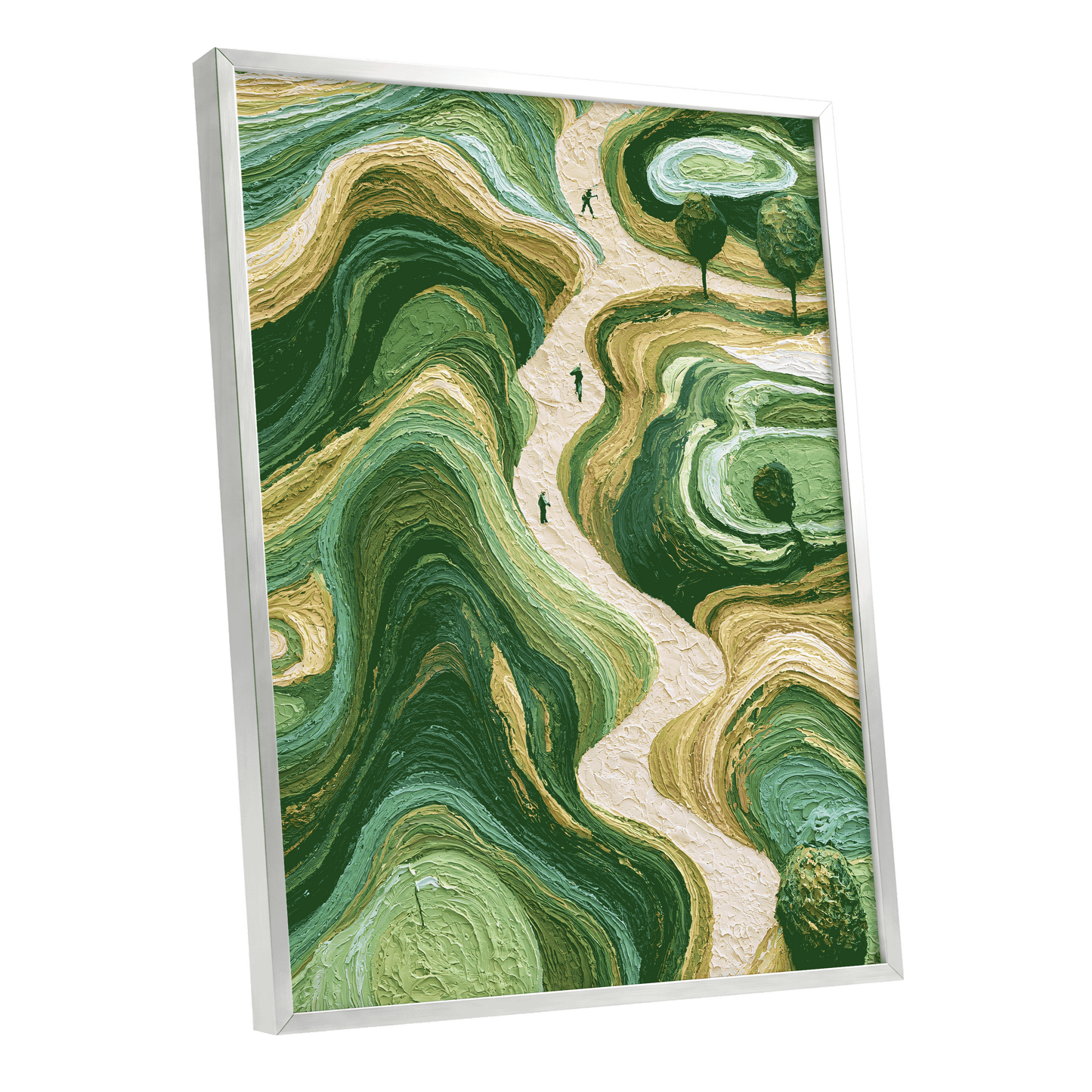Verdant Winding Paths, green, beige, gold nature wall art shown as a silver framed poster wall art print