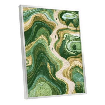 Verdant Winding Paths, green, beige, gold nature wall art shown as a silver framed poster wall art print