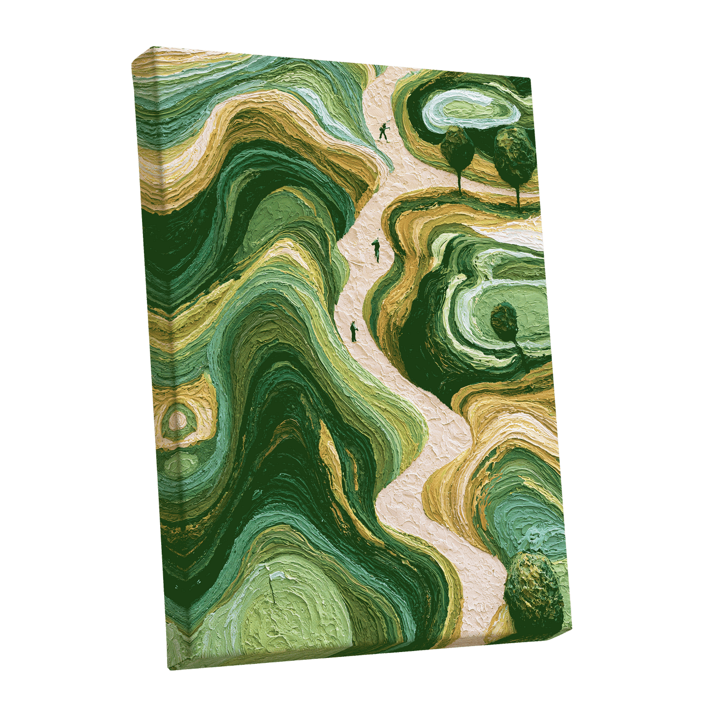 Verdant Winding Paths, green, beige, gold nature wall art shown as a stretched canvas wall art