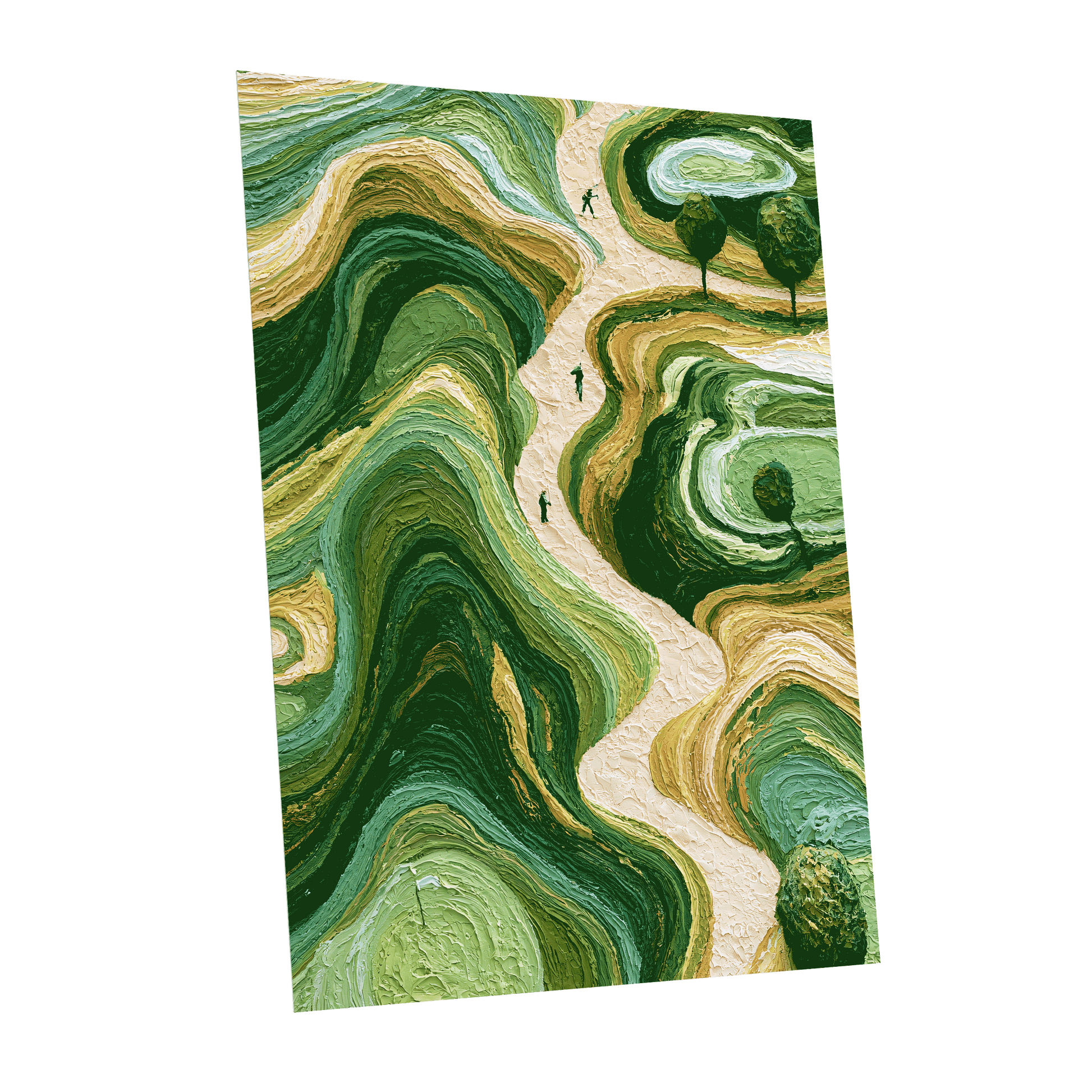 Verdant Winding Paths, green, beige, gold nature wall art shown as a unframed poster wall art print