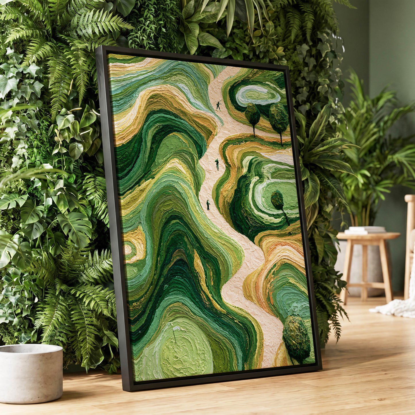 Verdant Winding Paths, green, beige, gold nature wall art displayed in a styled interior, gallery view 1