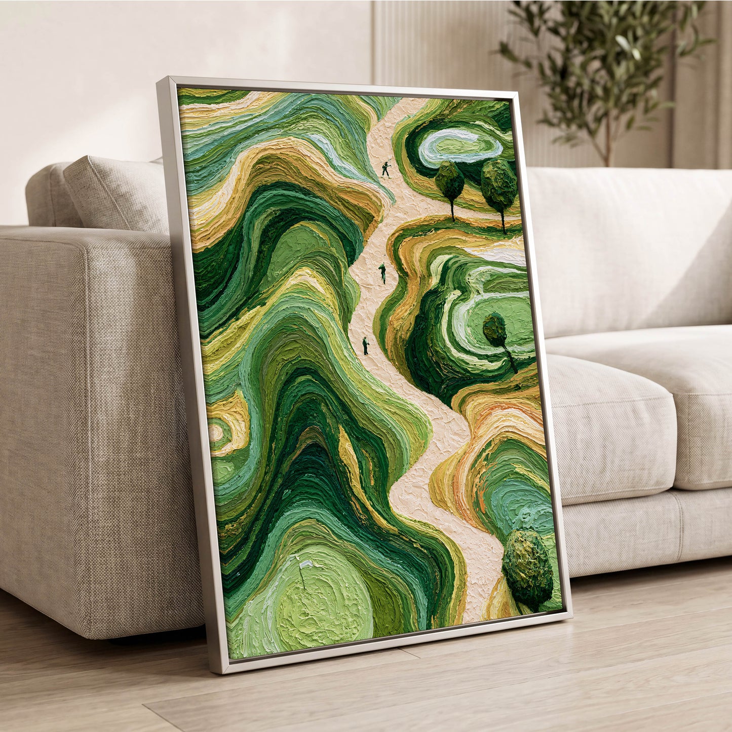 Verdant Winding Paths, green, beige, gold nature wall art displayed in a styled interior, gallery view 2