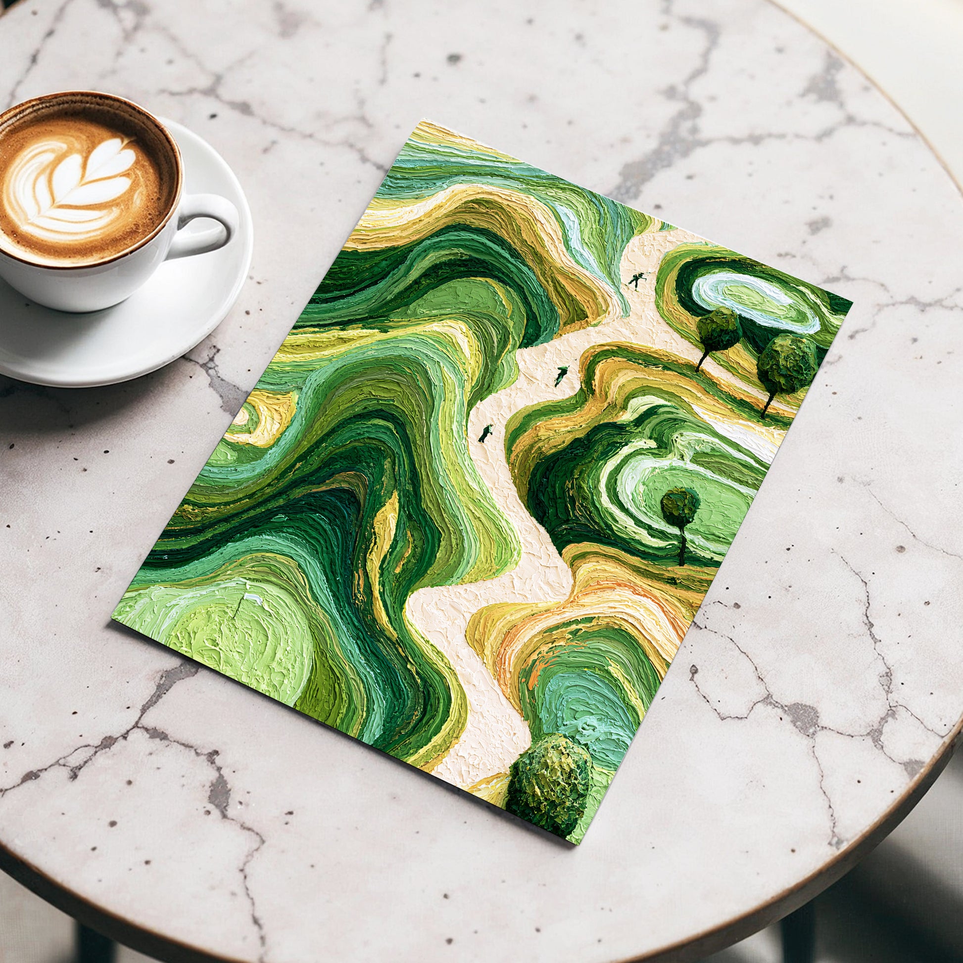 Verdant Winding Paths, green, beige, gold nature wall art displayed in a styled interior, gallery view 3